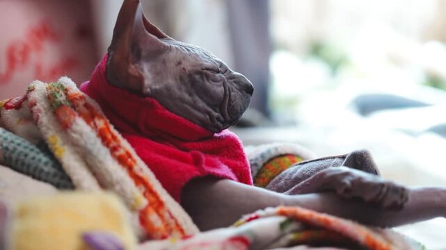 A cat lounges on a bed wearing a bright red sweater