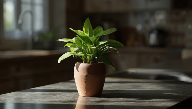 Natural daylight illuminates a green clusia plant growing inside a ceramic pot on a metal table in a modern kitchen