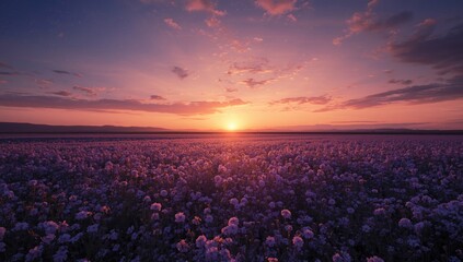 Fototapeta premium Serene sunset spreading soft hues over an extensive cosmos flower plain