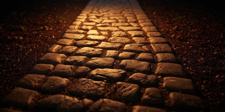 Paved path made of natural stones illuminated by studio light