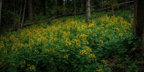 Obraz premium Yellow wildflowers blooming in a forested area