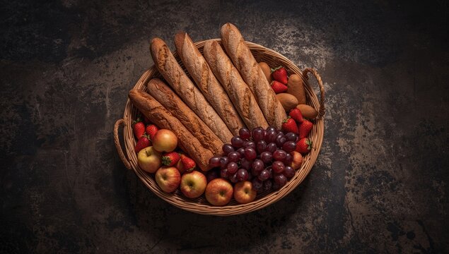 Rustic oval wicker basket with assorted breads and fruits on textured dark concrete