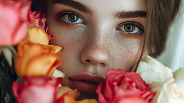 A young woman's face is the focal point in this , her delicate features accentuated by freckles. She is adorned with flowers that add a touch of nature to the composition.
