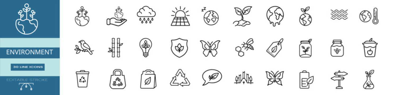 Environment protection eco friendly sustainable green nature web line icons set planet leaf bulb bee butterfly bin battery & more vector illustration with editable stroke