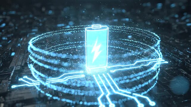 Digital battery chip concept on a futuristic circuit board, glowing electronic components, data energy flow, high-tech innovation, power storage system, abstract technology