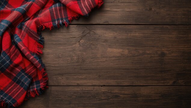 Red plaid blanket draped over a wooden table