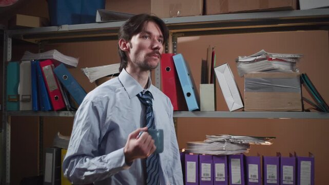 Office clerk presenting in a storage archive
