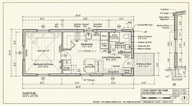 Detailed floor plan and section view of a small modular home design