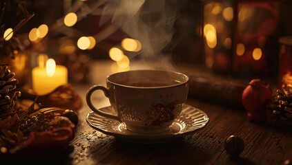 Fototapeta premium Heartwarming holiday tea moment with cup highlights and soft glowing ambiance