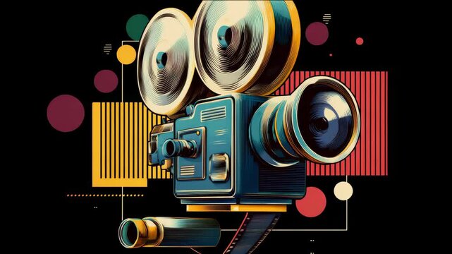 Stylish digital of a camera icon with film rolls and colorful circles. Suitable for movie production, cinema equipment themes.