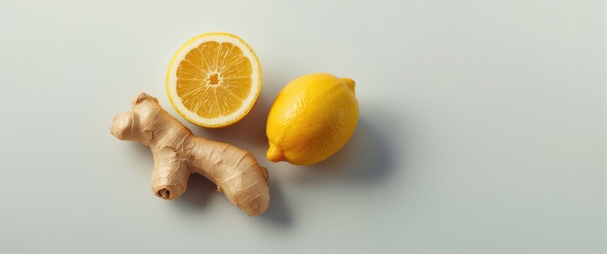High angle shot of ginger and lemon alongside clear copy space