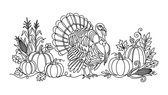 Thanksgiving Turkey and Pumpkins Line Art Illustration