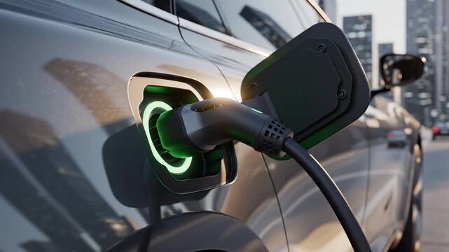 Electric vehicle charging at a city street station with green glowing indicator.
