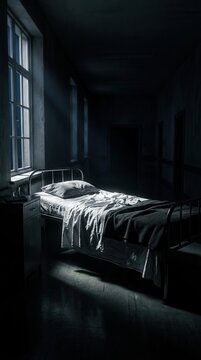 Eerie Abandoned Hospital Room With Empty Bed In Gloomy Atmosphere