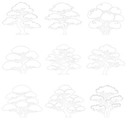 Fototapeta premium Minimalist bonsai tree line art collection, set of 9 botanical vector illustrations, zen garden plant sketches for coloring and logo design