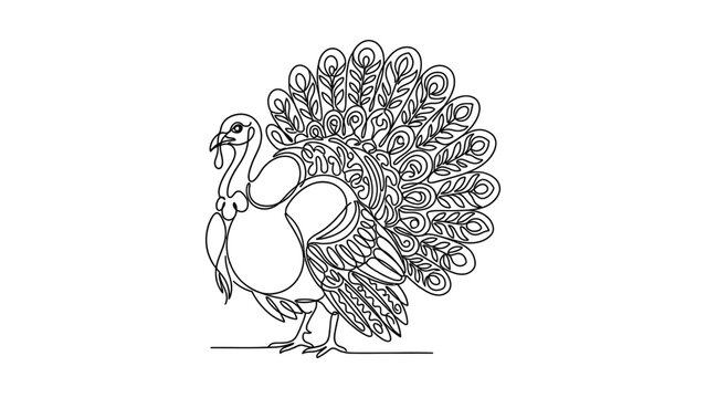 Intricate Line Art Turkey with Fanned Tail Feathers, Isolated on White