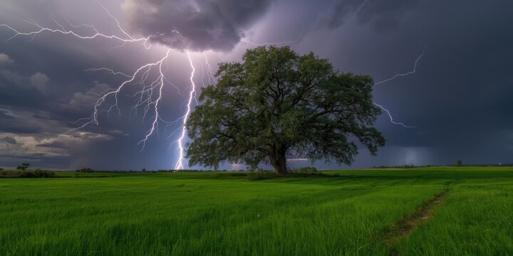 Thunder and lightning hitting tree surrounded by vivid green grassy field and dark sky