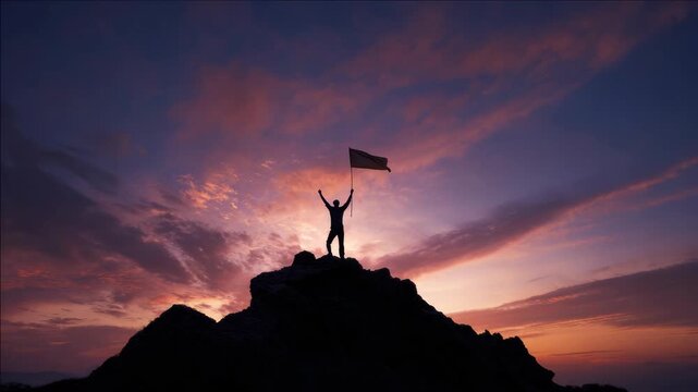 Adventurous person standing atop rocky outcropping with colorful sky in the distance.