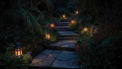 Naklejka premium Serene fantasy garden with glowing lanterns lighting a winding stone stairway