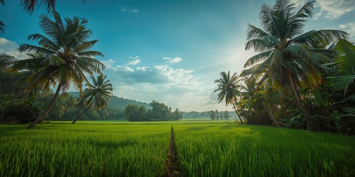 Scenic green rice fields set among tropical coconut and banana trees beneath a vivid blue sky