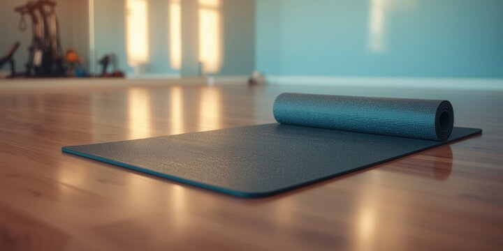 Rolled rubber mat for pilates and yoga workouts in gym fitness studio