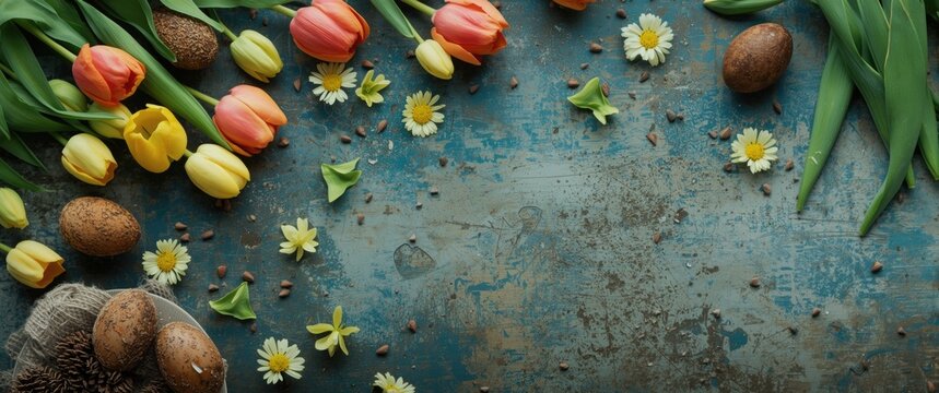 Colorful tulips and Easter eggs on a rustic blue background