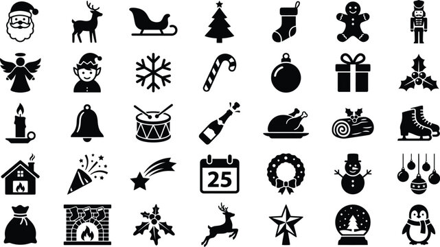 Christmas Icon Set Black Silhouette On White Background