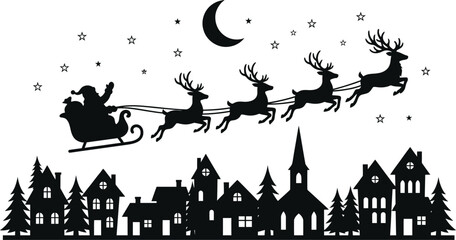 Santa claus with reindeer and town silhouette on white background © Mehedi