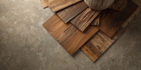 Fototapeta premium Wood flooring samples arranged on a concrete surface