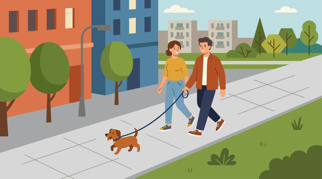 Couple walking dog on city sidewalk.