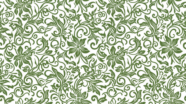 Green floral seamless pattern with vintage botanical illustration style on white background