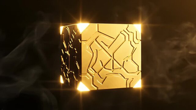Floating golden glowing cube with smoke on black background.