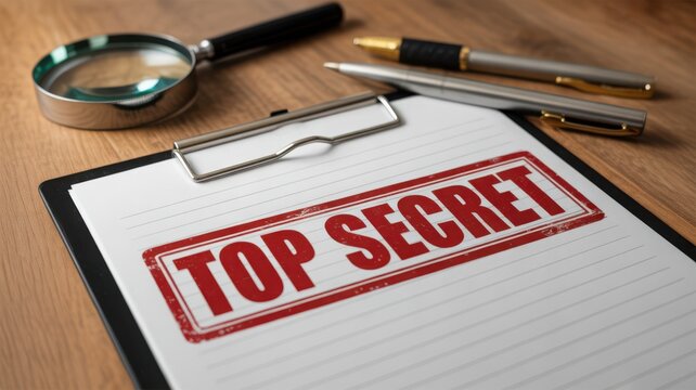 Top Secret document on clipboard with pen and magnifying glass on wooden desk