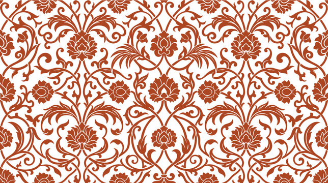 Seamless damask pattern with floral motifs in red on white background