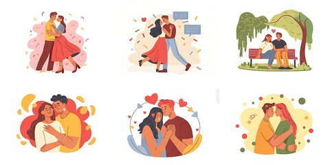 Fototapeta premium Romantic couple illustrations diverse scenes of love and affection