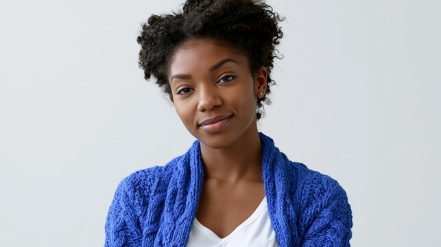 gen team lead young adult black slim woman smiling in cobalt cardigan