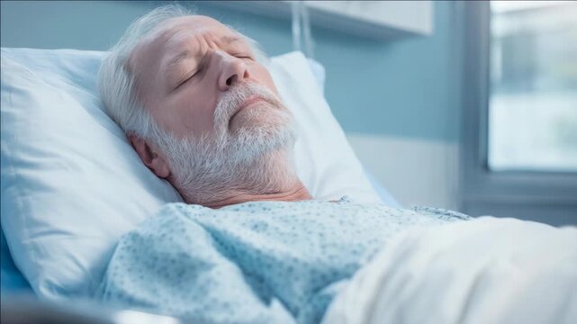 Aged man resting on hospital bed with closed eyes.