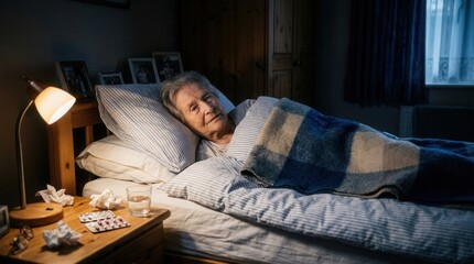Fototapeta premium Elderly Woman Comfortably Resting In Bed At Night With Lamp On