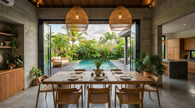there is a dining room with a table and chairs and a pool in the background