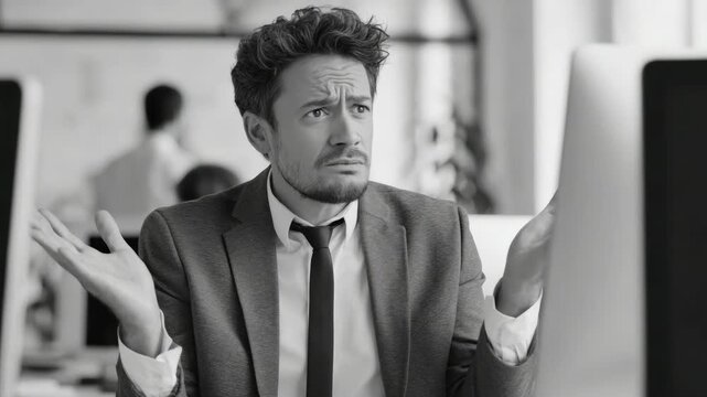 A man in a suit with his hand raised as if interrupting or disputing something at work. The background includes computer monitors and blurred figures suggesting a busy office environment.