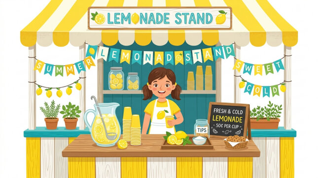 Girl runs colorful summer lemonade stand with fresh drinks