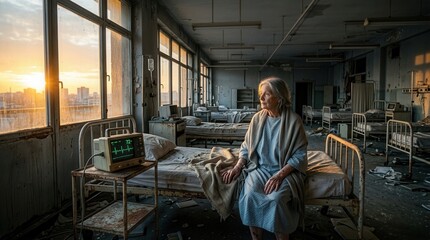 Fototapeta premium Elderly Woman Contemplating Life in Abandoned Hospital Room At Sunset