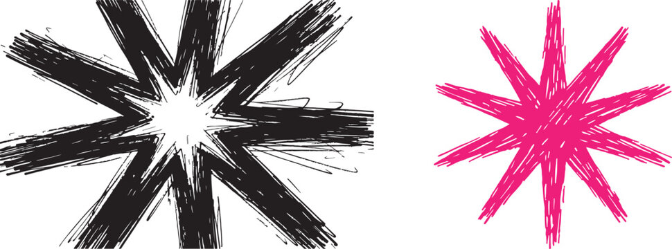 Hand drawn starburst and asterisk shapes with scribbled texture black and pink distressed vector elements for graphic design
