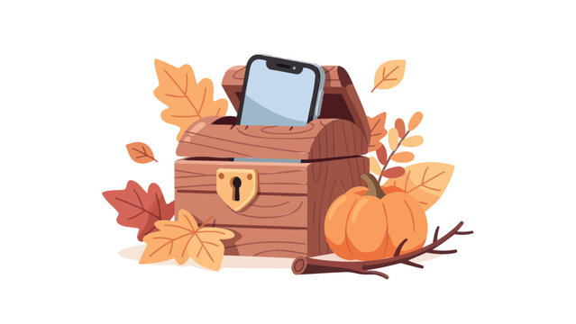 Autumn Digital Value Smartphone in a treasure chest with fall leaves and a pumpkin, celebrating seasonal tech discovery