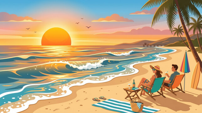 Couple relaxing on beach at sunset with drinks
