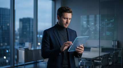 Fototapeta premium Executive Reviewing Data on Futuristic Transparent Tablet in High-Rise Office