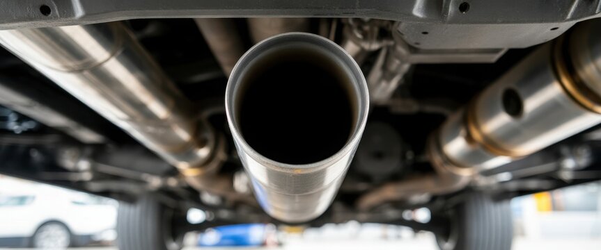 Close-up view of a high-performance stainless steel exhaust system under a vehicle.