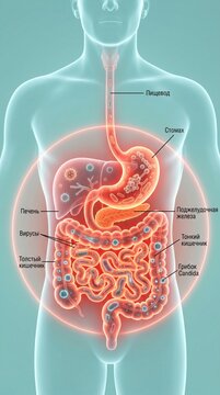 Human gut microbiome with glowing bacteria in digestive system, intestine and stomach, medical 3D illustration, gut health concept
