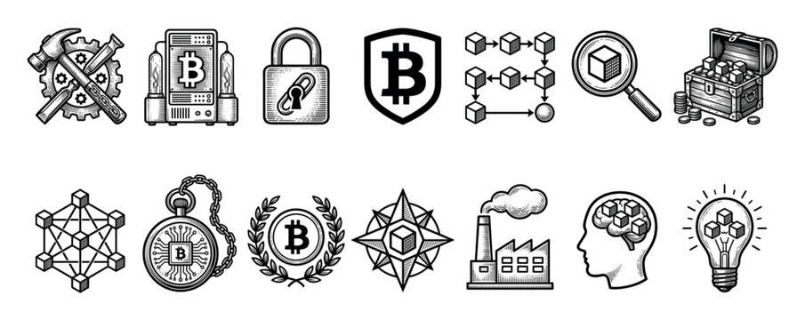 Set of fourteen cryptocurrency and blockchain icons in a black and white vintage woodcut style, illustrating concepts like digital mining, security, wealth, and network technology