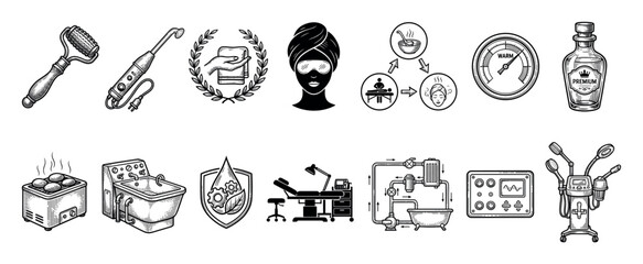 Obraz premium Collection of spa and cosmetology icons in a black and white engraving style, illustrating wellness treatments, beauty procedures, and professional salon equipment for skincare